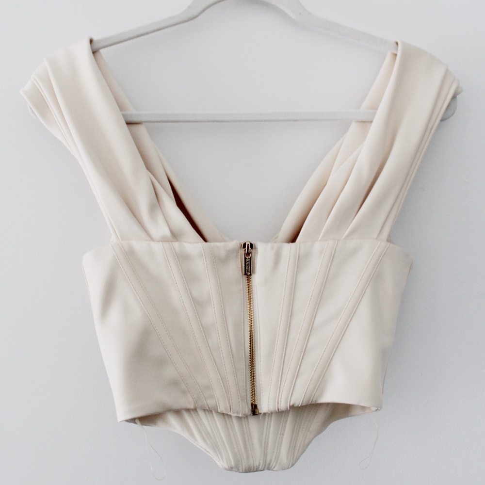House of CB Silva Ivory Satin Draped Shoulder Corset Top - Picture 15 of 16